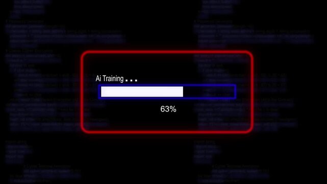 cyan glowing progress bar shows 100% percent of ai training on a background of computer code programming.4K Data Transfer and Secure Cloud Server Storage Technology Animation