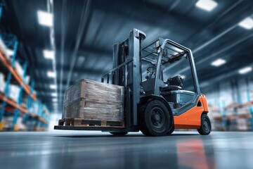 Fototapeta premium Modern orange forklift in a large warehouse