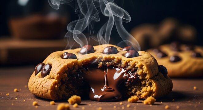 Delectable chocolate chip cookie with melting chocolate and rising steam