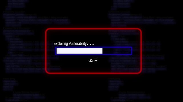 cyan glowing progress bar shows 100% percent of exploiting vulnerability on a background of computer code programming. 4K Data Transfer and Secure Cloud Server Storage Technology Animation