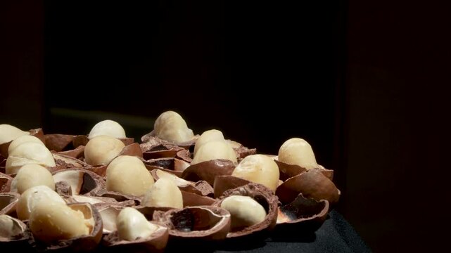 Group of cracked macadamia nuts on black background with empty space for text.