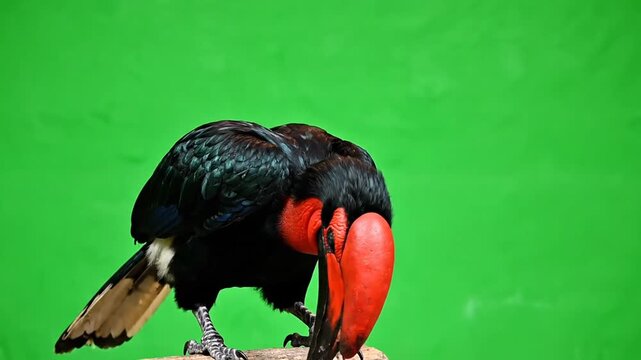 A large dark bird with a striking red beak and casque looks down against a vibrant green screen background.