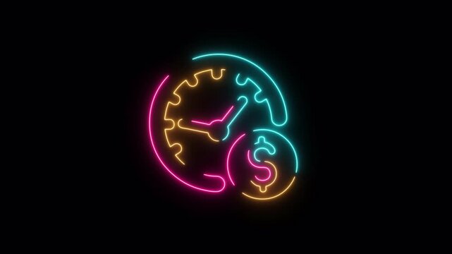 Animated Neon Time is Money Icon &ndash; Financial Time Management Clock Motion Graphics Transparent Background