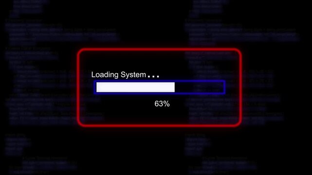 cyan glowing progress bar shows 100% percent of loading system on a background of computer code programming. 4K Data Transfer and Secure Cloud Server Storage Technology Animation