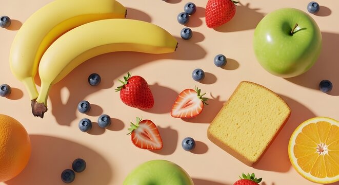 Colorful fruit and food still life bananas apples strawberries and citrus