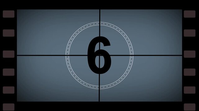 Old film strip countdown 10 to 0 in grey color. Vintage defocused film look, flicker, grain and scratches effect. Abstract circuit 4k animation technology background