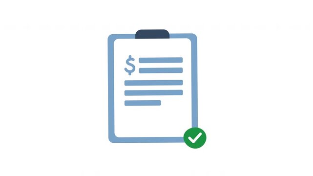 Animated icon showing an invoice with a dollar sign on a clipboard and a checkmark signifying approval