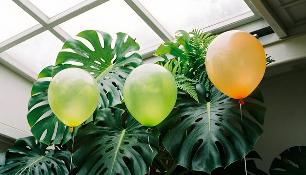 Three colorful balloons in front of a green plant, symbolizing joy and kindness for National Give a Bunch of Balloons Month