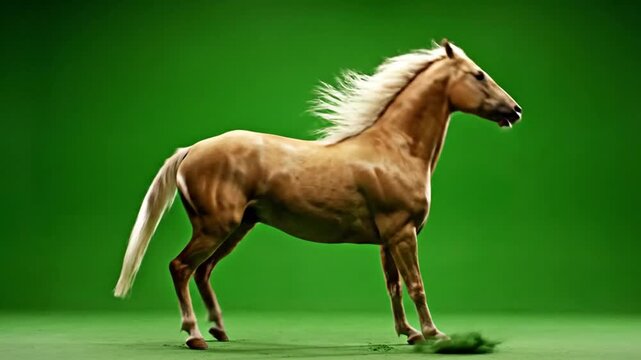 A majestic palomino horse with a flowing mane and tail stands gracefully against a vibrant green background, showcasing its elegant form.
