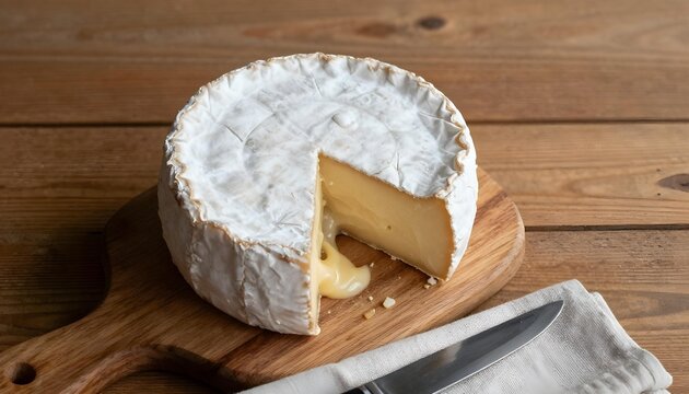 A cheese on a wooden board with a knife, reflecting the Saudade lifestyle and sustainable practices of Portugal