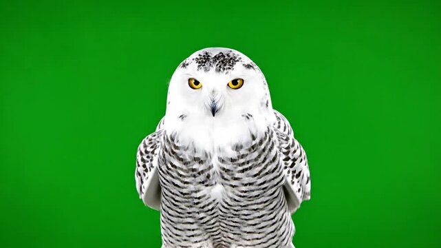 Close-up of a majestic snowy owl with bright yellow eyes looking directly at the camera against a vibrant green screen.