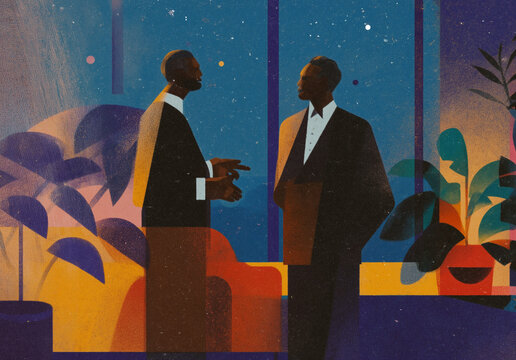 Business executives standing and talking in modern office. Two professionals having a deep discussion by a window with large plants during evening hours.