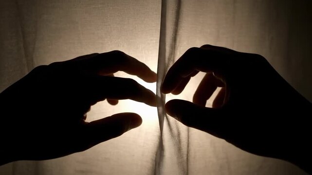 Silhouette of hands touching fabric with soft backlight
