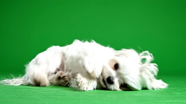 A small white fluffy dog lying down on a vibrant green screen background.