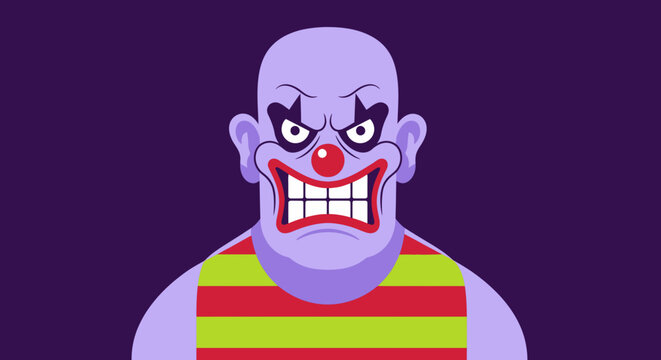 Scary clown face with exaggerated grin in colorful vector style.