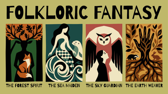 Etheral Folklore Mythical Beast vector illustration of an abstract background