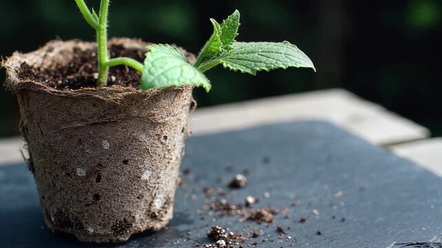 Young green plant seedling growing in a peat pot for gardening