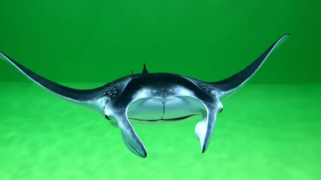 A majestic manta ray glides gracefully through vibrant green ocean waters, viewed from the front.