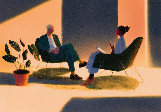 HR interview and life coaching. Therapist or consultant speaking with a client in a sunlit room. Premium illustration portraying professional advice, mental health support, and empathetic listening.