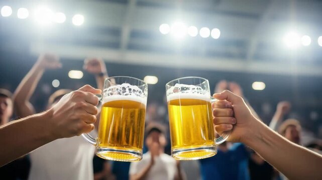 Two Hands Toasting With Beer Mugs At Event Stadium Crowd Cheering In The Background Possibly Celebrating Victory Usable For Sporting Event Promotions Festive Occasions