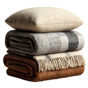 A stack of folded blankets and a pillow on top
