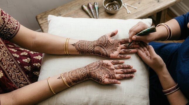 Close-up of artist applying intricate henna mehndi on hands during a traditional indian pre-wedding ceremony.