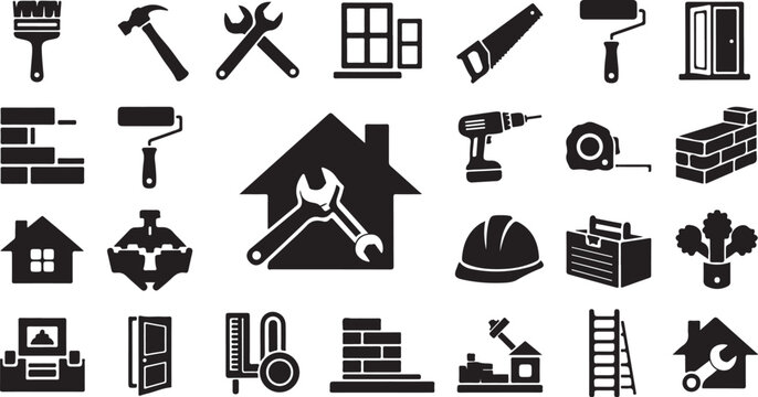 Construction tools and home building icons set