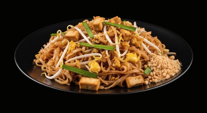 Whole Classic Pad Thai Plate Isolated Black Background 4K RAW