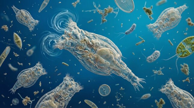 Microscopic view of diverse plankton and microorganisms thriving in a vibrant blue aquatic environment.