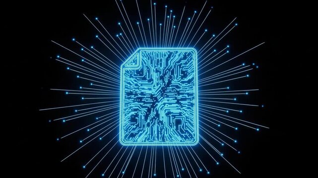 Glowing Digital File Symbol With Circuit Board Design Emitting Beams On Black Backdrop Data Transfer Storage For Presentations On Technology It Cybersecurity