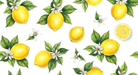 Obraz premium Watercolor seamless pattern of vibrant yellow lemons, flowers, and leaves on a white background