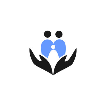 A minimalist vector logo depicting a family unit cradled within a pair of protective hands.