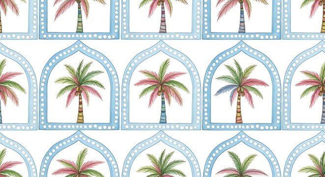 Watercolor repeat pattern of colorful palm trees framed by blue Moorish arches, white background