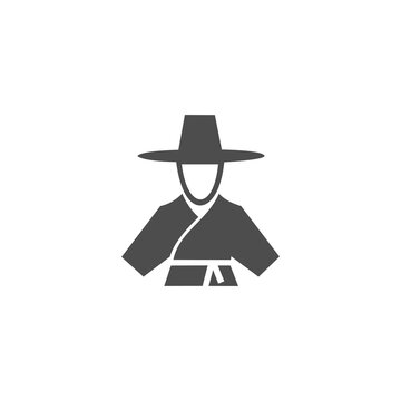 A minimalist vector icon depicting the upper body and head of a figure wearing traditional Korean attire, specifically a Hanbok and a Gat (traditional hat).