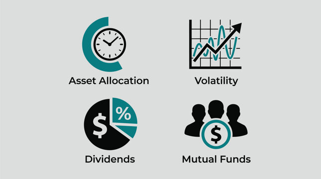 Financial icons set, asset allocation, volatility, dividend, mutual funds, investment and business concept, colorful style, EPS vector