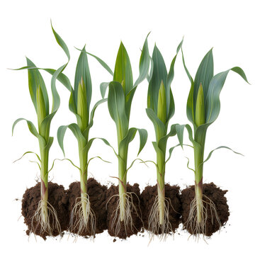 Four corn plants with roots and soil on white background