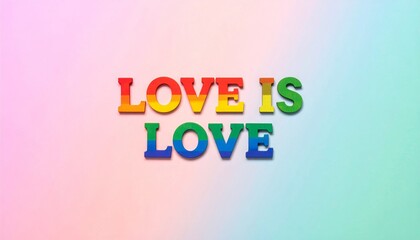 Fototapeta premium Love is Love Rainbow Text on Gradient Background.