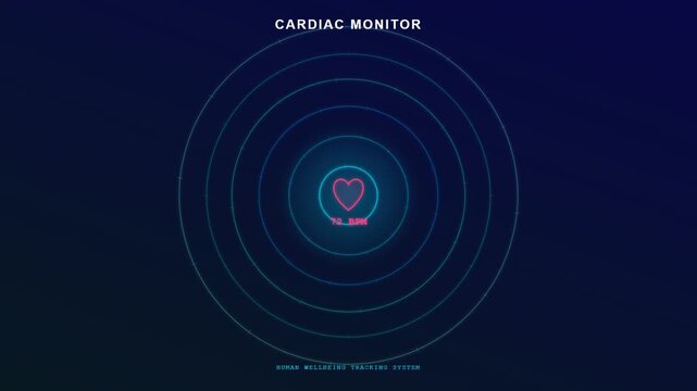 A sophisticated digital interface for human wellbeing monitoring displays an animated pulsing heart icon with expanding concentric neon rings representing a synchronized heartbeat