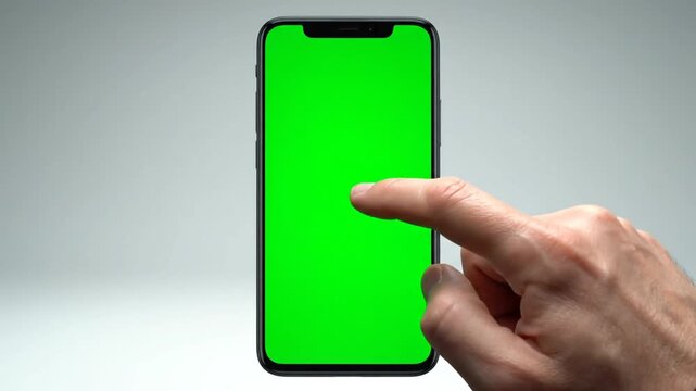 A hand interacting with a smartphone featuring a green screen for custom content display.