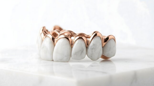Gold and marble teeth grillz in studio light.
