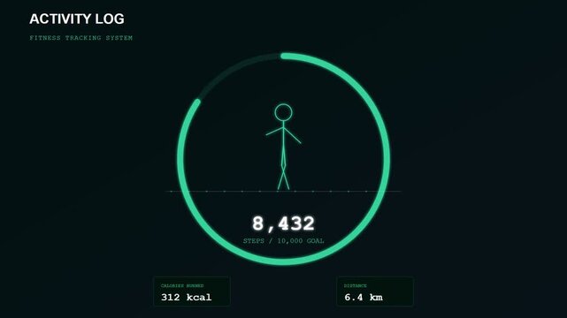 A sophisticated digital interface for Human Wellbeing Monitoring displays an animated progress ring and walking silhouette to visualize physical activity metrics through a futuristic health dashboard