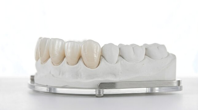 Dental bridge with artificial teeth on plaster cast isolated on white background.