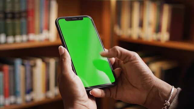 Person's hands interacting with a smartphone displaying a green screen in a library setting with bookshelves.