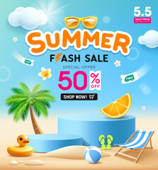 Fototapeta premium Summer flash sale blue podium display, Duck yellow shaped inflatable ring, coconut trees, beach bed on island beach poster design, cloud and sky on blue background