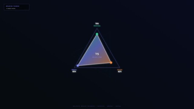 An advanced human wellbeing monitoring system displays an animated triangular data visualization showcasing a dynamic transition of biometric health metrics against a dark futuristic digital interface
