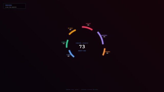 A sophisticated interface for human wellbeing monitoring displays biometric data through animated circular gauges and numeric values on a dark cinematic digital background for medical analysis