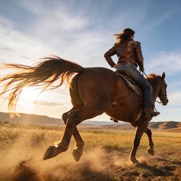 Backshot of a cowgirl riding a horse