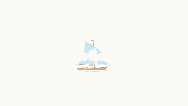 Minimalist Watercolor Illustration of a Sailing Vessel with Sky and Cloud Patterned Sails Gliding Across Calm Open Water