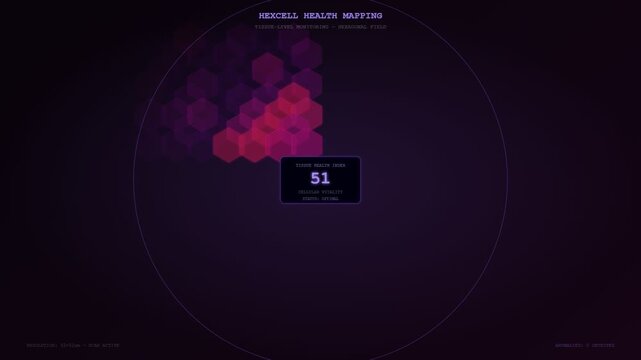 An advanced interface for Human Wellbeing Monitoring showcasing dynamic hexagonal cell mapping and real time biometric data analysis within a futuristic medical diagnostic virtual environment