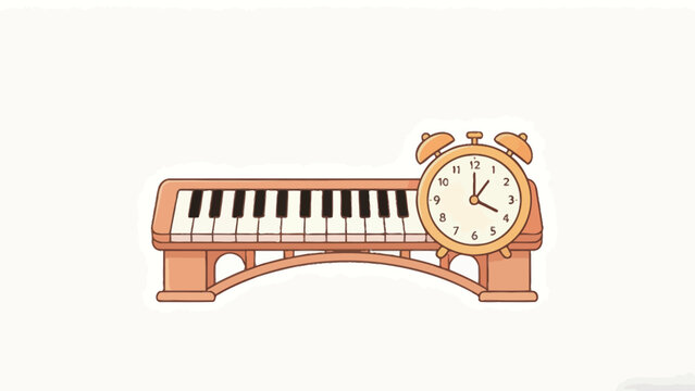 Cute Flat Illustration of a Pun Visual, Combining a Keyboard Musical Instrument, an Arch Bridge and an Alarm Clock to Form a Clever Visual Pun on a Plain Off-White Background